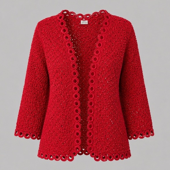 Unbranded Sweaters - Red Beaded Crochet Cardigan Open Knit Ring Trim 3/4 Sleeve RN 80483 Medium‎